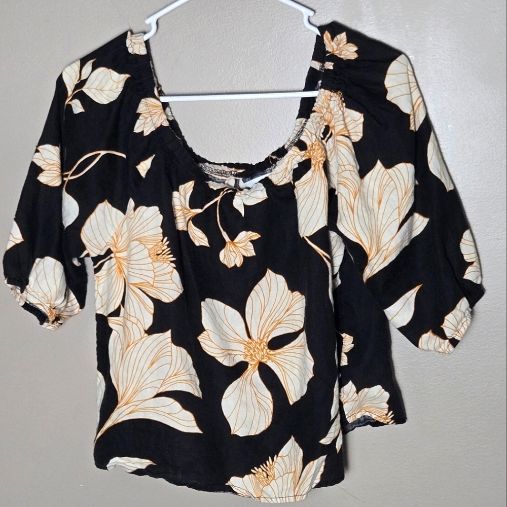 Cynthia Rowley 100% Linen Floral Crop‎ Mod Modern Bohp 3/4 Sleeve Blouse, Med